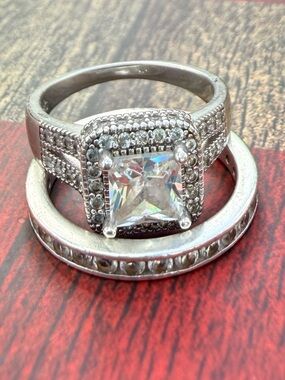 Sterling Silver Halo Princess-Cut Engagement Ring & Wedding Band w Moissanite